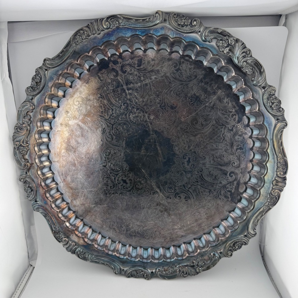 Baroque by Wallace Baroque Round Serving Tray 15in Silver-tone Etched Footed 249